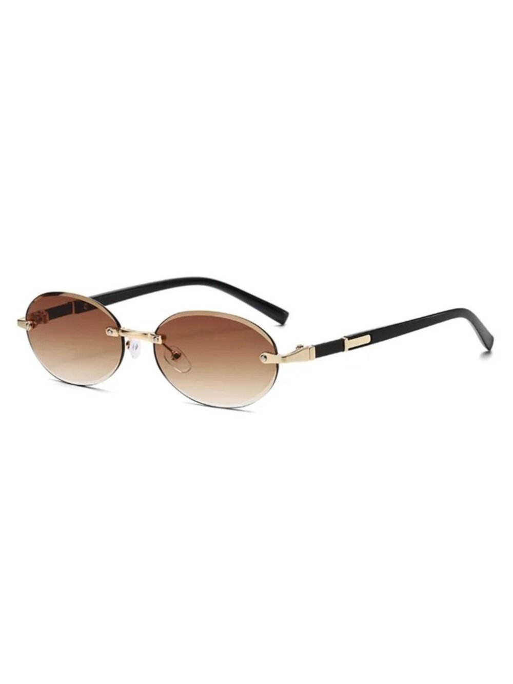 Oval Rimless Brown Lens Sunglasses With Gold & Black Metal Frame